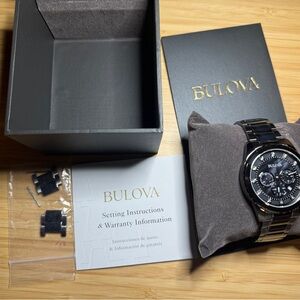 Bulova Black Stainless Steel Men’s Chronograph with Gold Logo Box